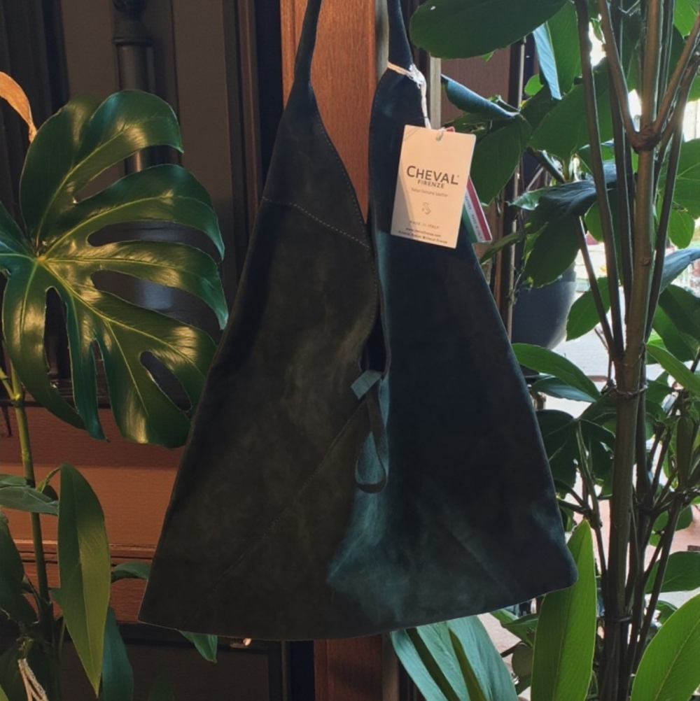 CHEVEL FIRENZA GENUINE ITALIAN LEATHER  DARK GREEN SUEDE TOTE BAG - Picture 5 of 7